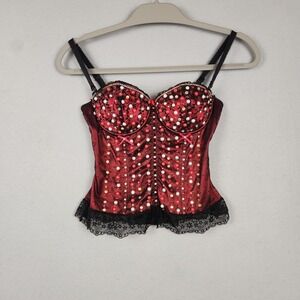Affinitas Intimates Bustier Corset Top Womens 32C Red Black Lace Rhinestone